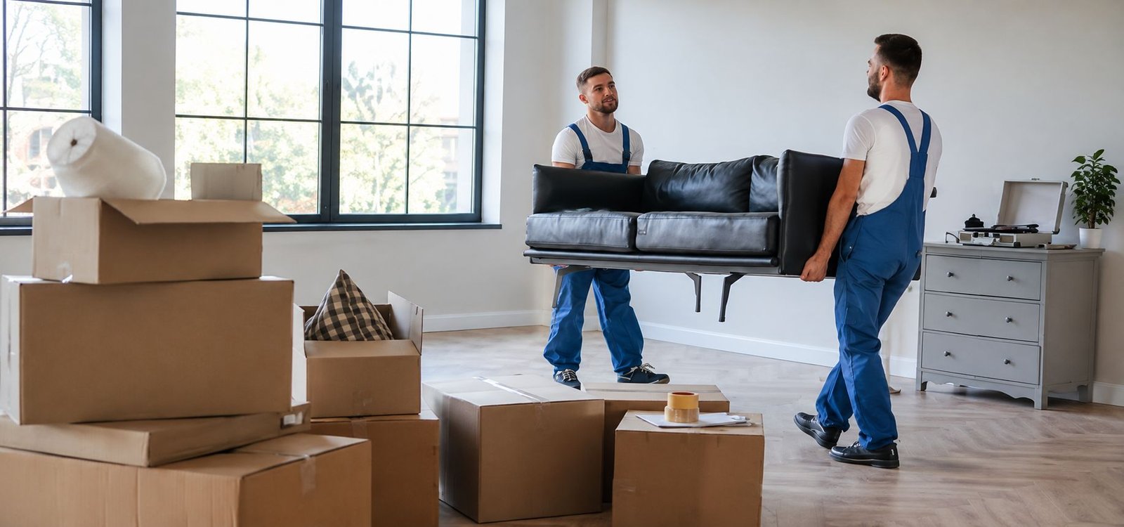 Professional moving service with furniture and boxes during a house move