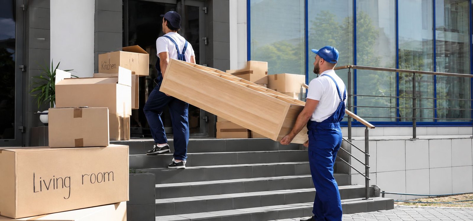 FX Delivery movers carefully carrying furniture upstairs